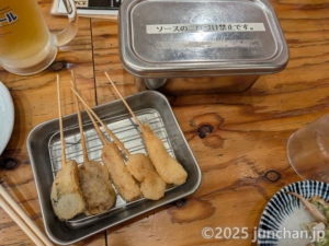 屋台居酒屋 やたいや 四条大宮店 串カツ5種盛り合わせ (牛、豚、えび、きす、かぼちゃ)