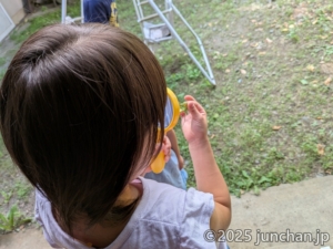 カマキリを虫メガネで観察する長女