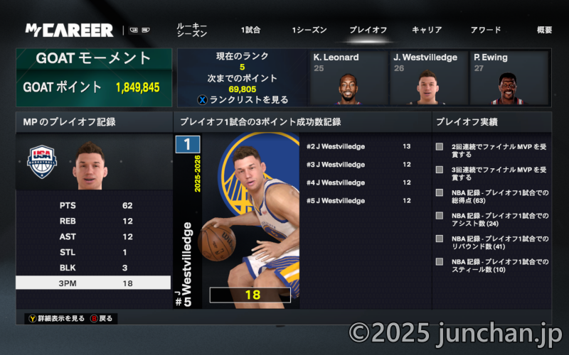 NBA 2K26 ルーキーシーズン プレイオフ1試合の3ポイント成功数記録を全塗替え